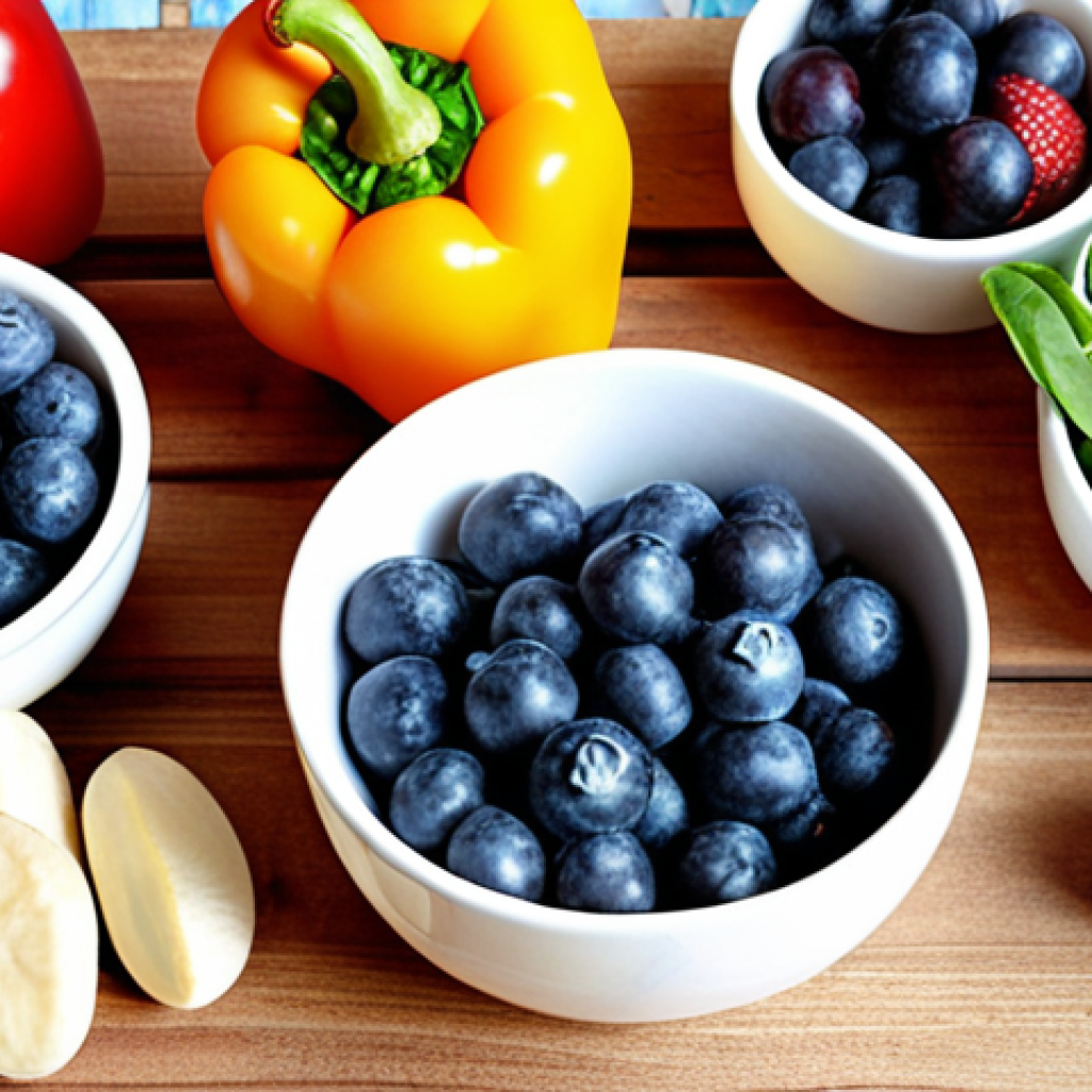 **Image Prompt:** A vibrant and colorful assortment of antioxidant-rich foods, including blueberries, strawberries, spinach, almonds, and bell peppers, arranged artfully on a wooden table with natural light. Focus on the fresh and appealing presentation of these healthy ingredients.
