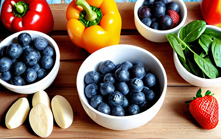 **Image Prompt:** A vibrant and colorful assortment of antioxidant-rich foods, including blueberries, strawberries, spinach, almonds, and bell peppers, arranged artfully on a wooden table with natural light. Focus on the fresh and appealing presentation of these healthy ingredients.
