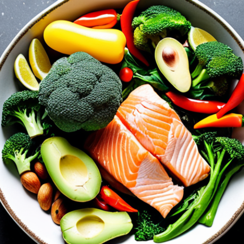 **

Keto diet food spread. Focus on vibrant vegetables (leafy greens, broccoli, bell peppers), healthy fats (avocado, nuts, olive oil), and protein sources (salmon, chicken). Bright, inviting food photography style.

**
