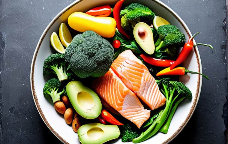 **
Keto diet food spread. Focus on vibrant vegetables (leafy greens, broccoli, bell peppers), healthy fats (avocado, nuts, olive oil), and protein sources (salmon, chicken). Bright, inviting food photography style.
**
