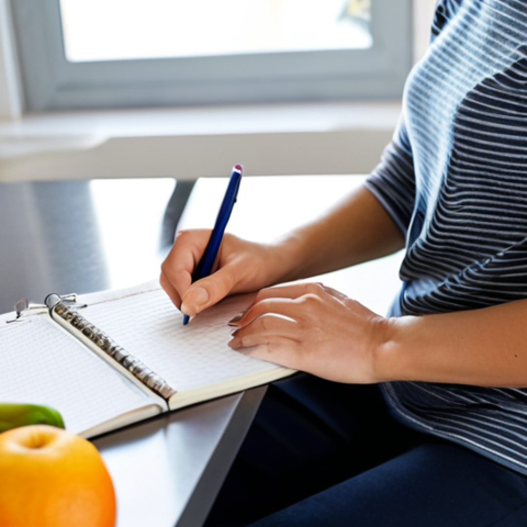 A calm person in a modest, comfortable outfit, sitting at a clean kitchen counter, gently writing in a small nutrition journal. Healthy, fresh fruits and vegetables are artfully arranged nearby, emphasizing mindful eating and self-awareness. The atmosphere is serene and well-lit with natural light. fully clothed, appropriate attire, safe for work, perfect anatomy, correct proportions, natural pose, well-formed hands, proper finger count, natural body proportions, professional photography, high quality, family-friendly.