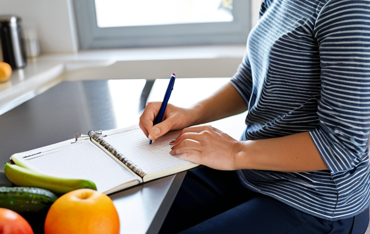 A calm person in a modest, comfortable outfit, sitting at a clean kitchen counter, gently writing in a small nutrition journal. Healthy, fresh fruits and vegetables are artfully arranged nearby, emphasizing mindful eating and self-awareness. The atmosphere is serene and well-lit with natural light. fully clothed, appropriate attire, safe for work, perfect anatomy, correct proportions, natural pose, well-formed hands, proper finger count, natural body proportions, professional photography, high quality, family-friendly.