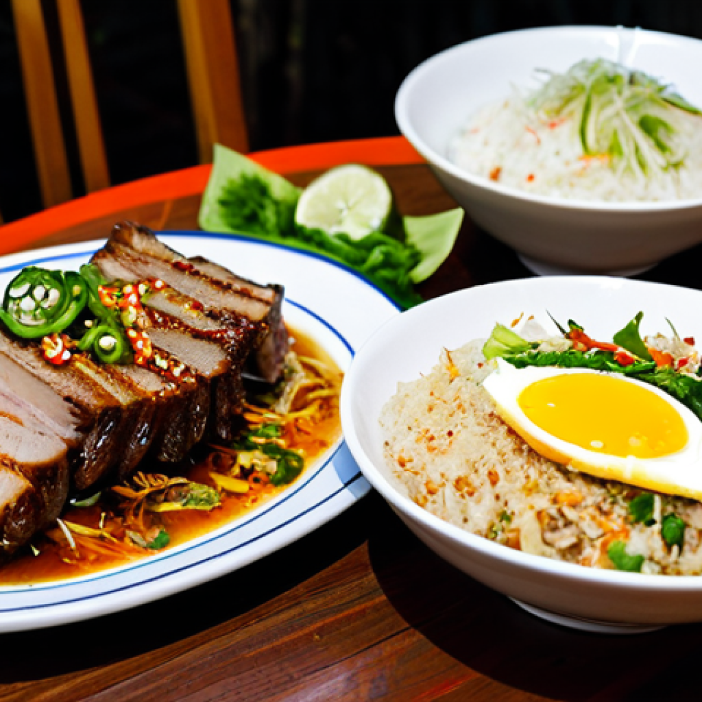 "Com Tam" Feast**

"A vibrant and appetizing spread of *com tam* (broken rice), a popular Vietnamese dish. The dish includes grilled pork chop, shredded pork skin, steamed egg meatloaf (*cha trung*), and pickled vegetables. A small bowl of *nuoc cham* (fish sauce dipping sauce) is placed nearby. The setting is a brightly lit, family-style restaurant in Ho Chi Minh City. Focus on the textures and colors of the food, emphasizing freshness and deliciousness. Safe for work, appropriate content, fully clothed, professional, modest, family-friendly, perfect anatomy, correct proportions, natural pose, well-formed hands, proper finger count, natural body proportions, high quality."

**