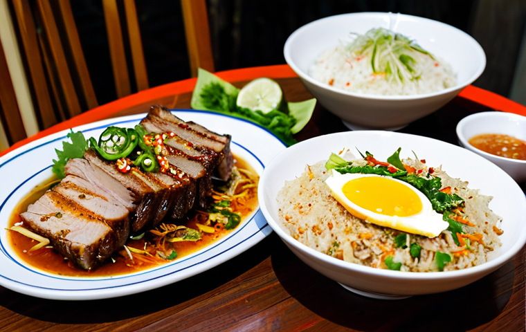 "Com Tam" Feast**

"A vibrant and appetizing spread of *com tam* (broken rice), a popular Vietnamese dish. The dish includes grilled pork chop, shredded pork skin, steamed egg meatloaf (*cha trung*), and pickled vegetables. A small bowl of *nuoc cham* (fish sauce dipping sauce) is placed nearby. The setting is a brightly lit, family-style restaurant in Ho Chi Minh City. Focus on the textures and colors of the food, emphasizing freshness and deliciousness. Safe for work, appropriate content, fully clothed, professional, modest, family-friendly, perfect anatomy, correct proportions, natural pose, well-formed hands, proper finger count, natural body proportions, high quality."

**