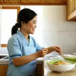 소아 영양 가이드 - **Prompt:** A heartwarming scene of a Vietnamese mother lovingly preparing a nutritious meal for her...
