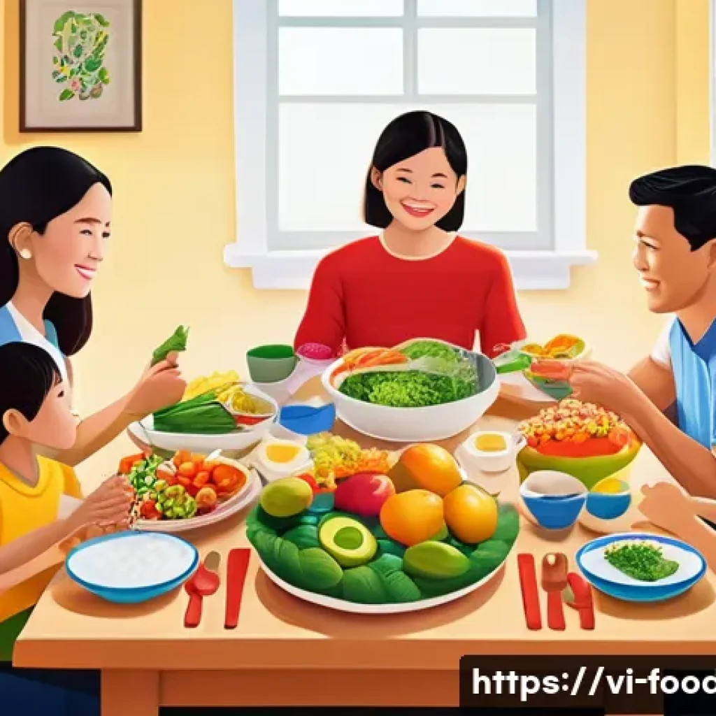 유전자 맞춤형 영양학 - A detailed, vibrant illustration of a Vietnamese family gathered around a traditional dining table f...