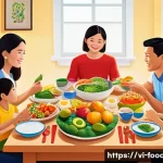 유전자 맞춤형 영양학 - A detailed, vibrant illustration of a Vietnamese family gathered around a traditional dining table f...