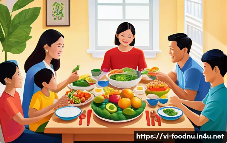 유전자 맞춤형 영양학 - A detailed, vibrant illustration of a Vietnamese family gathered around a traditional dining table f...