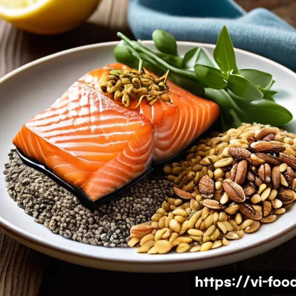 오메가3와 오메가6의 균형 - A vibrant, detailed still life featuring a variety of omega-3 rich foods arranged on a rustic wooden...