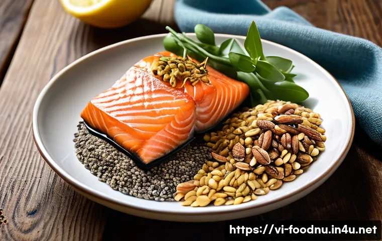 오메가3와 오메가6의 균형 - A vibrant, detailed still life featuring a variety of omega-3 rich foods arranged on a rustic wooden...