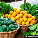 Home 22 간 건강을 위한 식단 - A vibrant and fresh Vietnamese market scene showcasing an assortment of green leafy vegetables like ...