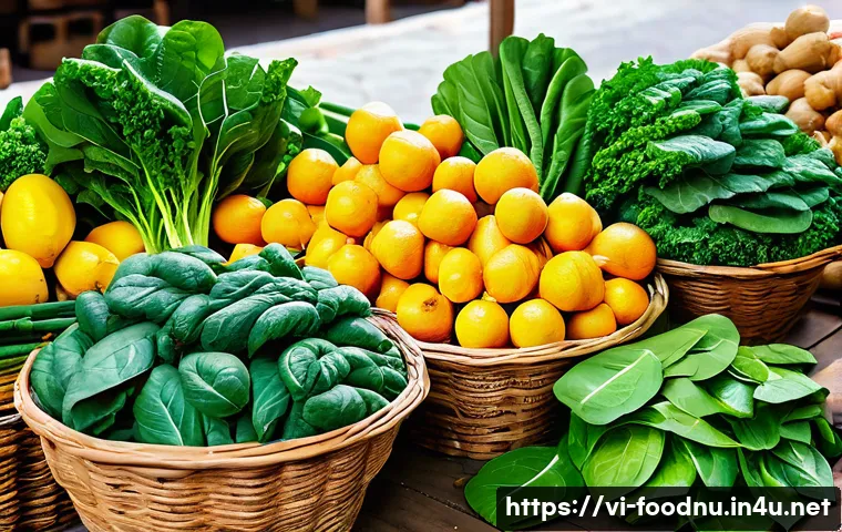간 건강을 위한 식단 - A vibrant and fresh Vietnamese market scene showcasing an assortment of green leafy vegetables like ...