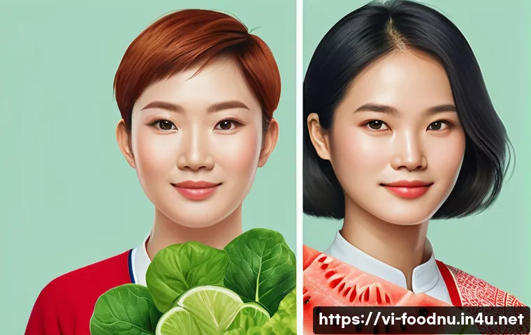 체질별 맞춤 영양 - A detailed illustration showing four common body constitution types—hot, cold, balanced, and mixed—i...