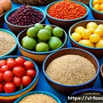 Home 20 식품과 영양소 - A vibrant Vietnamese market scene showcasing a colorful array of fresh fruits, vegetables, whole gra...