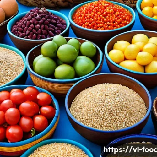 Home 32 식품과 영양소 - A vibrant Vietnamese market scene showcasing a colorful array of fresh fruits, vegetables, whole gra...