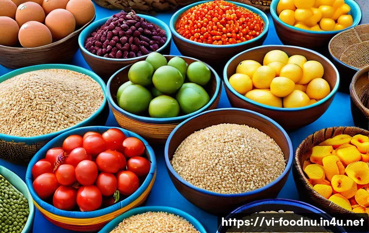 식품과 영양소 - A vibrant Vietnamese market scene showcasing a colorful array of fresh fruits, vegetables, whole gra...