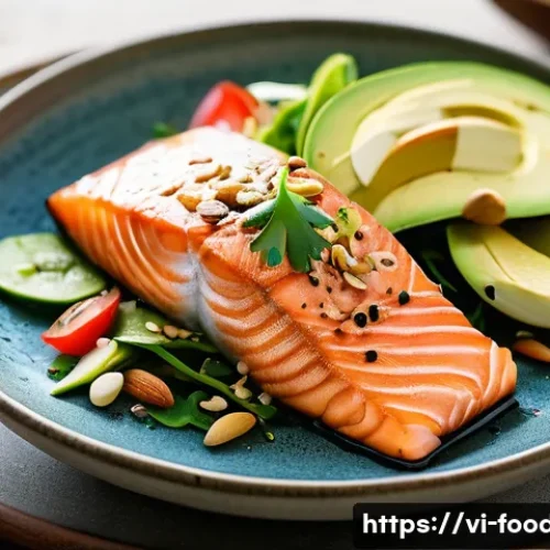 Home 31 고지방 식단의 장단점 - A vibrant, detailed close-up of a healthy Vietnamese meal featuring fresh salmon fillet, mixed salad...