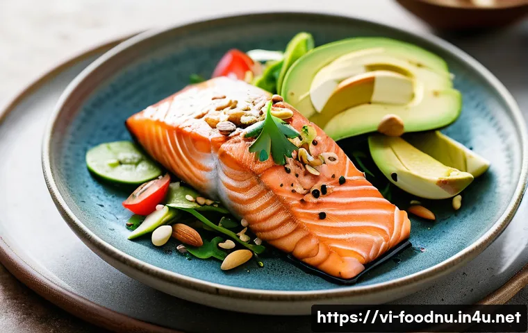 고지방 식단의 장단점 - A vibrant, detailed close-up of a healthy Vietnamese meal featuring fresh salmon fillet, mixed salad...