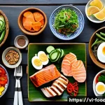 Home 18 체중 감량과 영양학적 접근 - A vibrant, colorful Vietnamese-style healthy meal spread on a traditional wooden table, featuring gr...