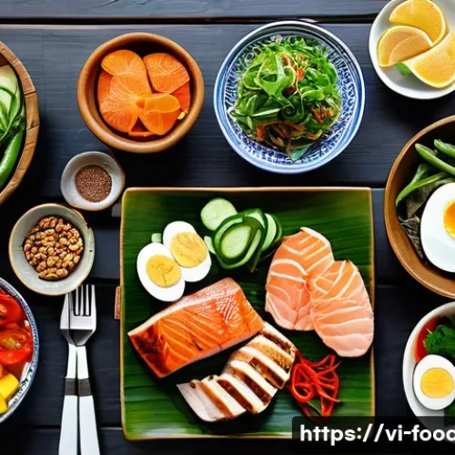 Home 30 체중 감량과 영양학적 접근 - A vibrant, colorful Vietnamese-style healthy meal spread on a traditional wooden table, featuring gr...