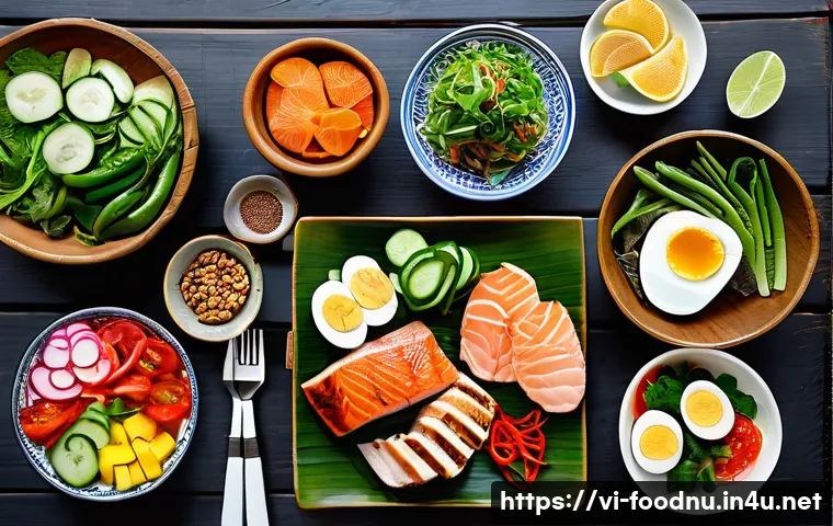 체중 감량과 영양학적 접근 - A vibrant, colorful Vietnamese-style healthy meal spread on a traditional wooden table, featuring gr...