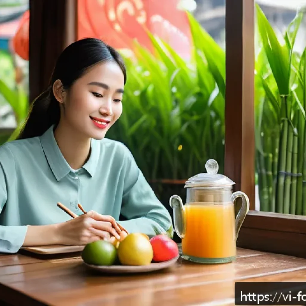 식사 빈도와 대사 건강 - A vibrant Vietnamese breakfast scene featuring a young professional woman sitting at a wooden table ...