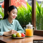Home 23 식사 빈도와 대사 건강 - A vibrant Vietnamese breakfast scene featuring a young professional woman sitting at a wooden table ...