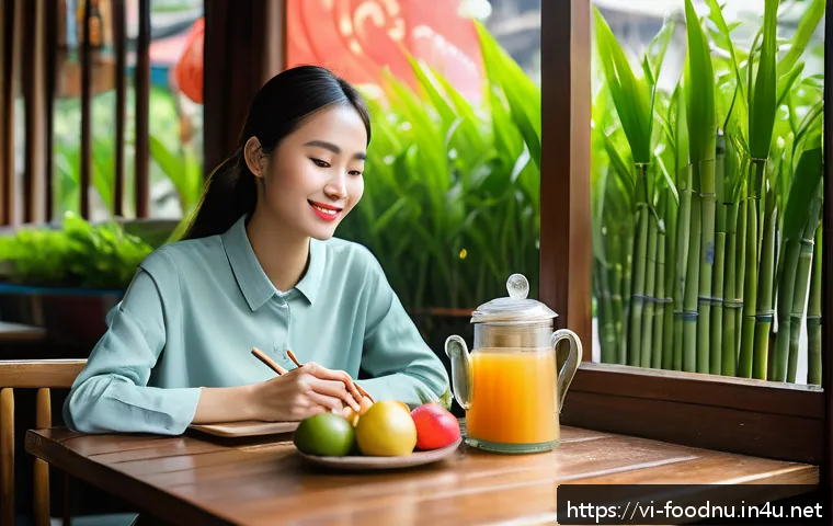 식사 빈도와 대사 건강 - A vibrant Vietnamese breakfast scene featuring a young professional woman sitting at a wooden table ...